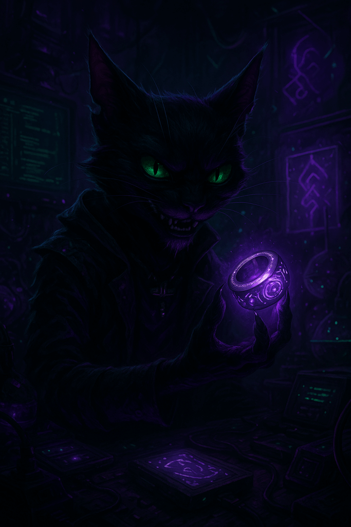 Whiskerhex examining a glowing smart ring in a dark magical tech lab